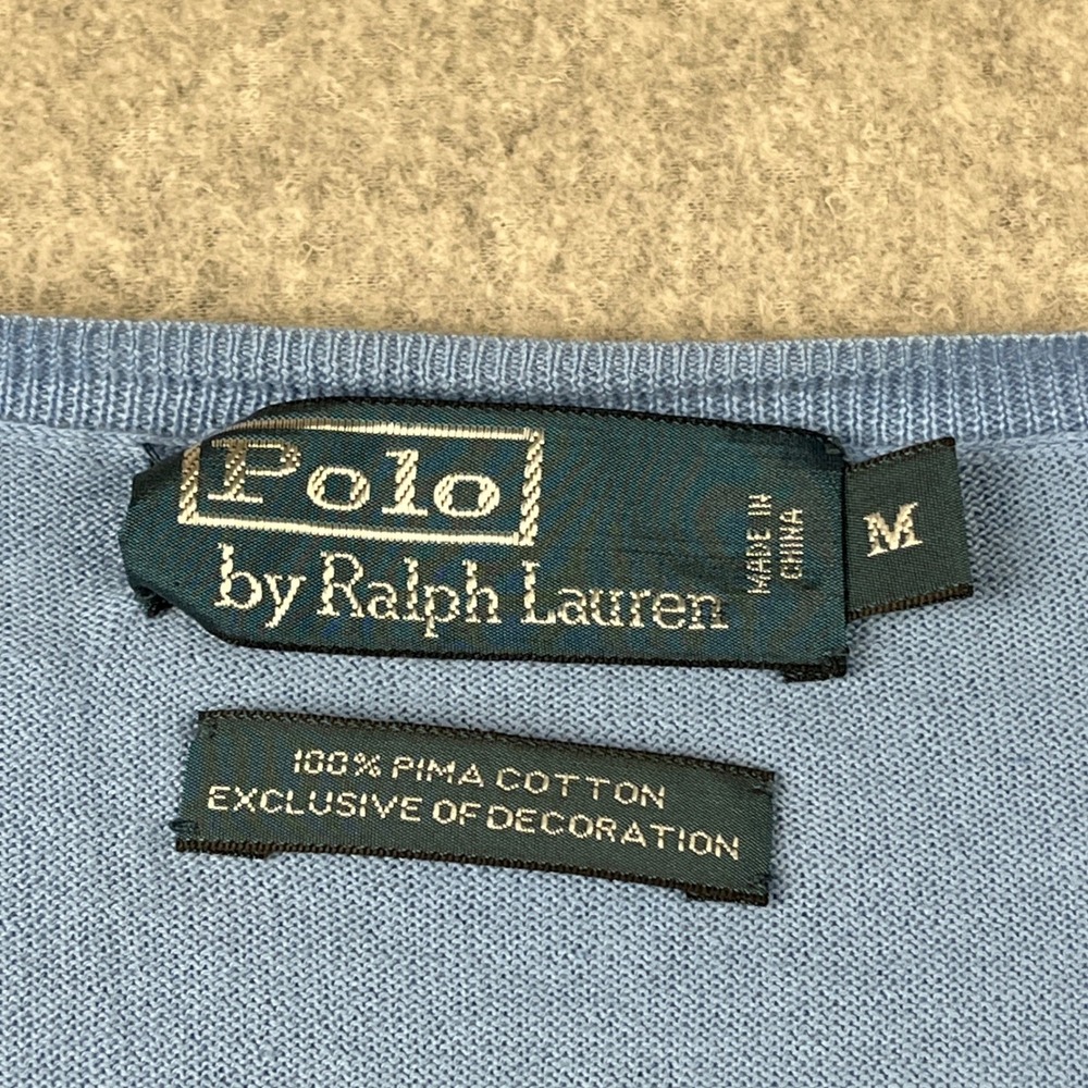 Polo Ralph Lauren Sweater Mens Medium Blue Pima Cotton V-Neck Orange Pony Logo - Picture 3 of 9